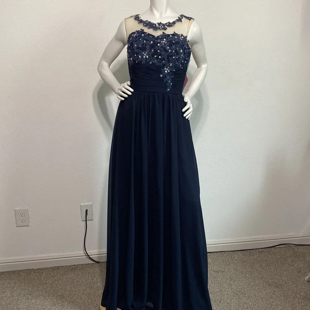 Babyonline Dress "NEW" Navy Blue Floral Embellished Evening Maxi Dress